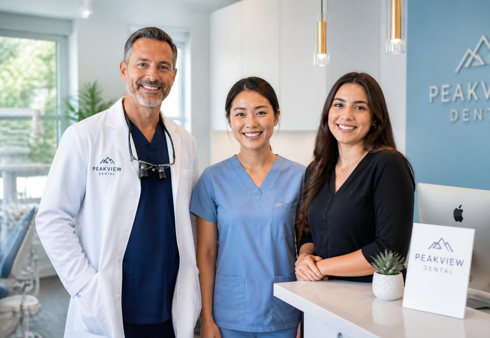 Happy dental team standing together in a bright clinic
