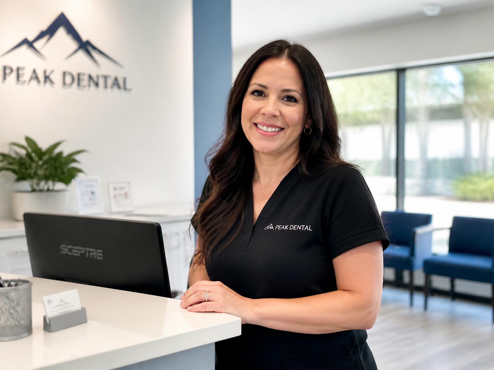 Dental office manager smiling at the front desk of a modern clinic