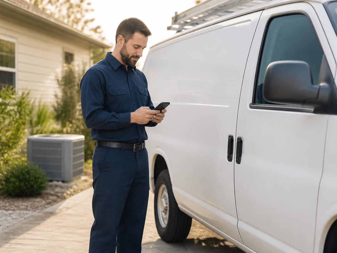 Service technician checking his phone beside a work van