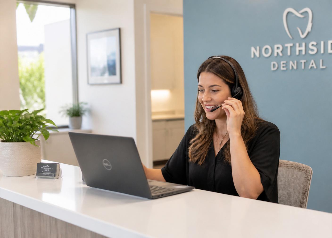 Friendly dental receptionist on a headset